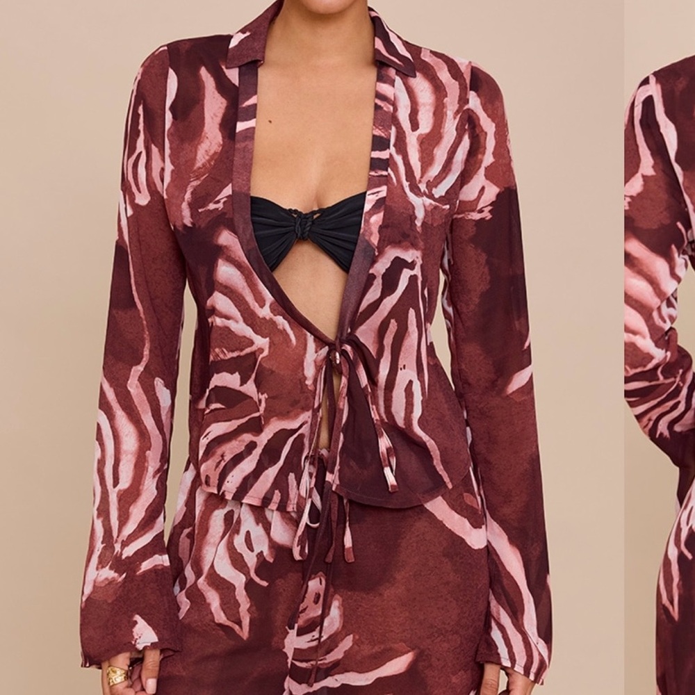 BROWN CHIFFON ABSTRACT PRINT LONG SLEEVE TIE FRONT SHIRT